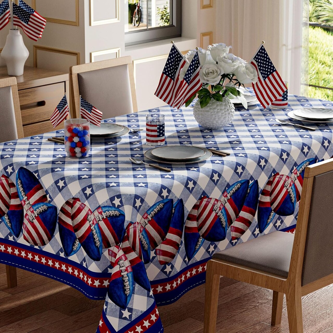 Blue White Plaid Footballs Stars America Patriotic 4th of July Memorial Day Independence Day Tablecloth Rectangle Washable Table Covers for Home Party Decorations 60x84 Inch